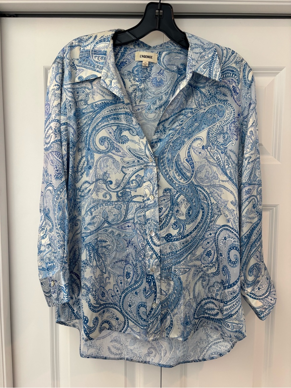 L'AGENCE Blue Paisley Silk Button-Front Blouse